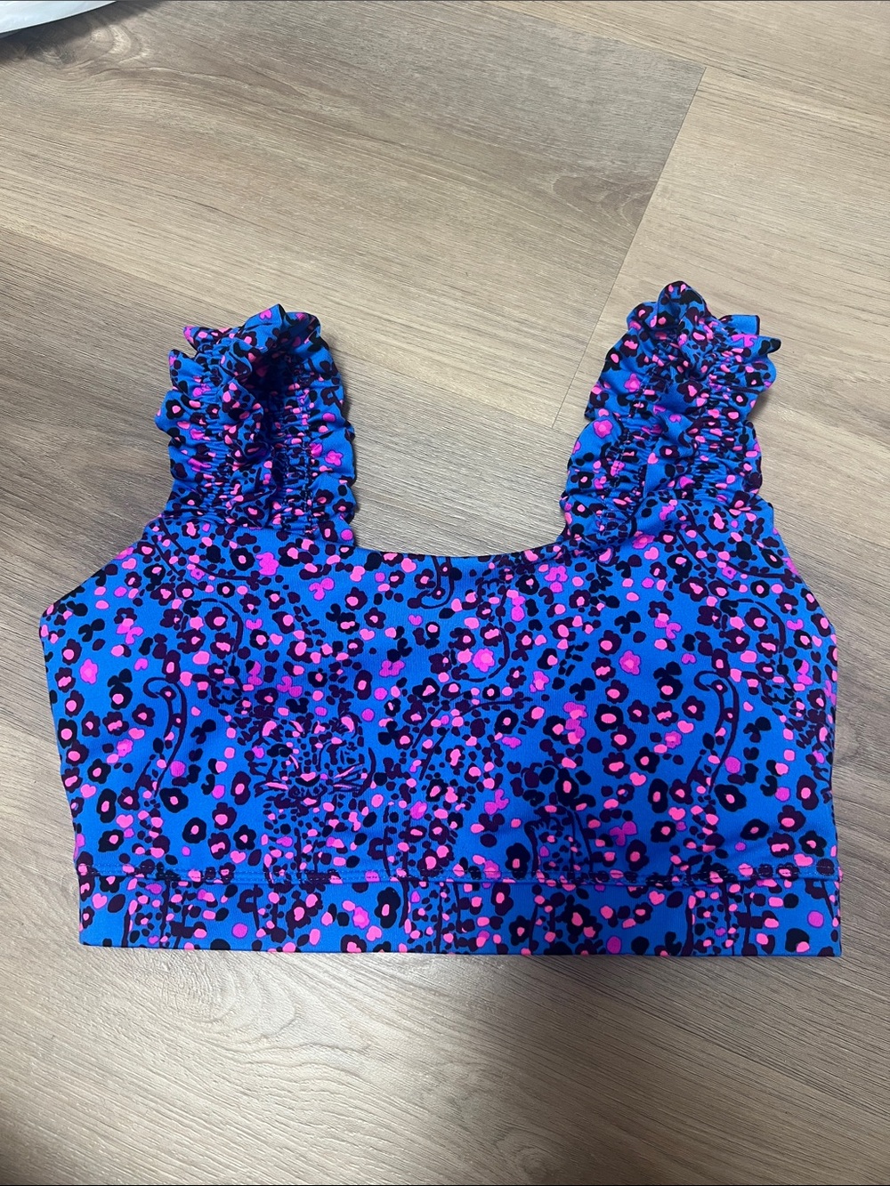 Lilly Pulitzer Blue & Pink and black Ruffle-Strap luxletic sports bra NWOT SM
